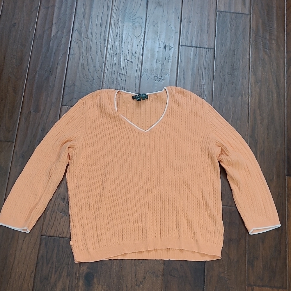 Lauren Ralph Lauren Peach Ribbed V-neck Sweater with White Trim size XL